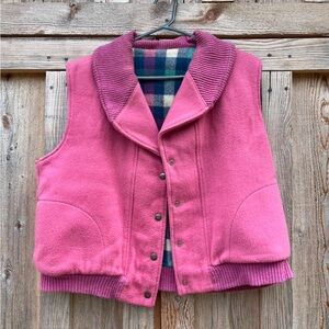Vintage Real Wool Pink Sleeveless Vest with Plaid Lining